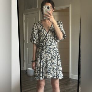 Jonathan Simkhai Cream Floral Wrap Mini Dress with Navy Print